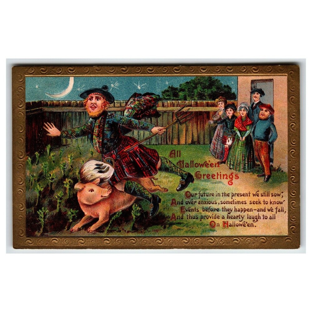 Vintage Halloween Postcard Scottish Man Pig Ride Embossed 1910 German